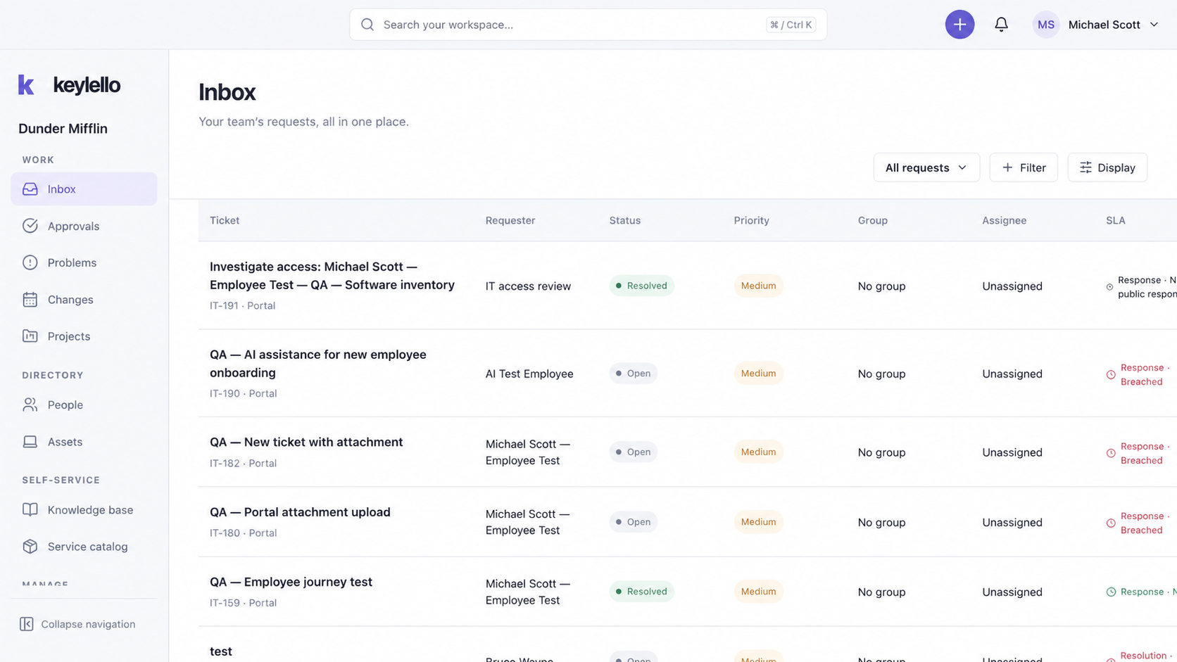 Keylello Inbox with request status, ownership and service levels